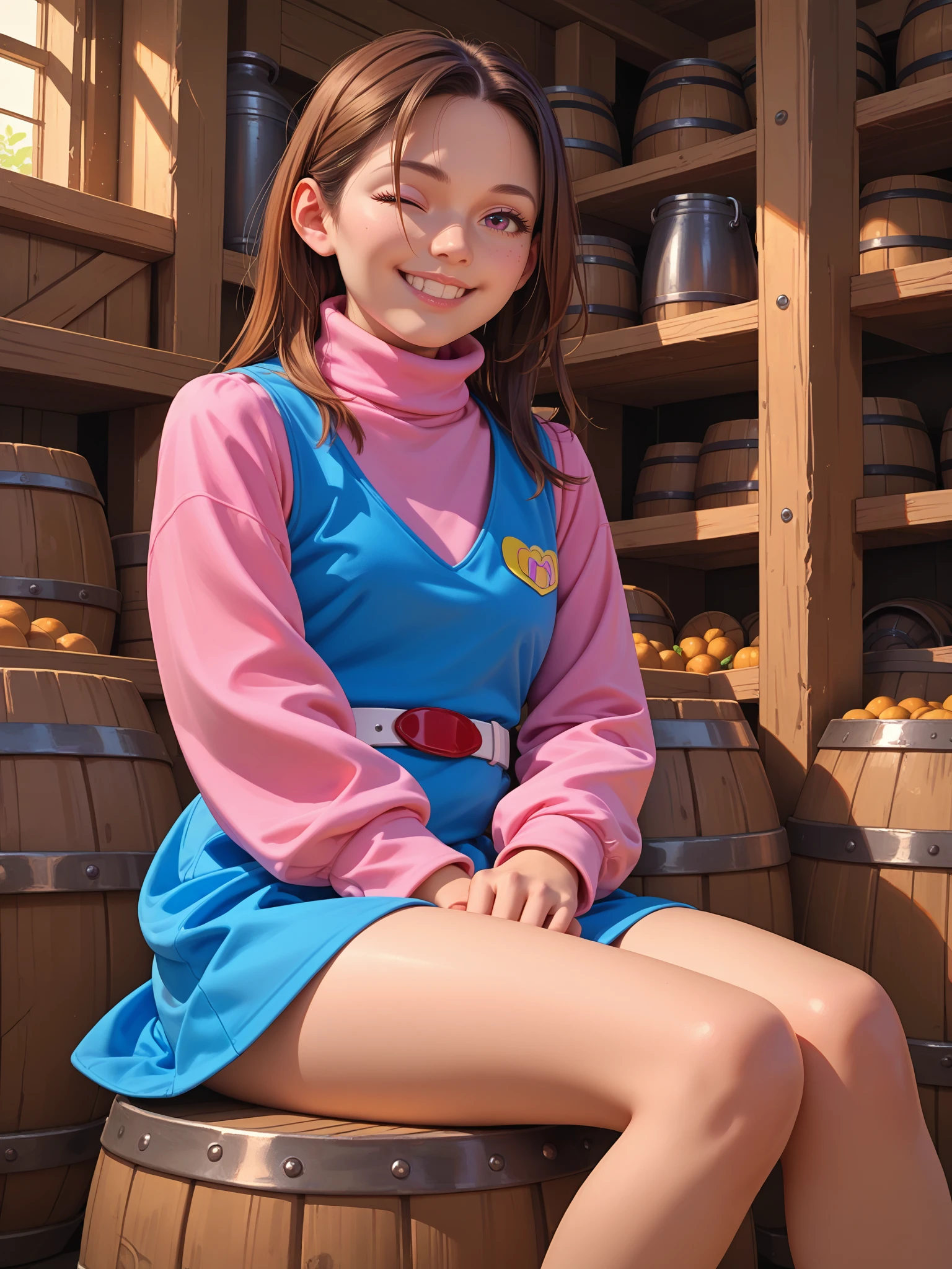 score_9, score_8_up, score_7_up, score_6_up,
1girl, solo <lora:JAV_Sentai_Cosplay_Costume_-_SPSA-85a:0.8> spsa-85a, blue dress, pink shirt, long sleeves, turtleneck, white and red belt, sitting, barrel, one eye closed, smile