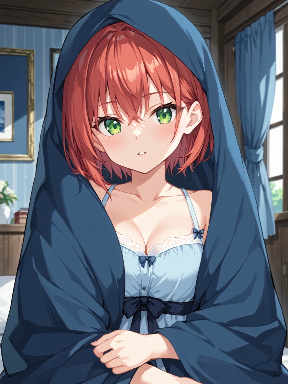 score_9, score_8_up, score_7_up, score_6_up, source_anime, anime screencap, blnkt, blanket, sfw, solo, 1girl, closed blanket, blanket over head, blue blanket, red hair, green eyes, breasts, indoors, (portrait), detailed background, Hyperdetailed, Extreme Detail, 4K Resolution, Masterpiece, Best Quality <lora:Wrapped_In_A_Blanket_-_RealmRabbit:1>