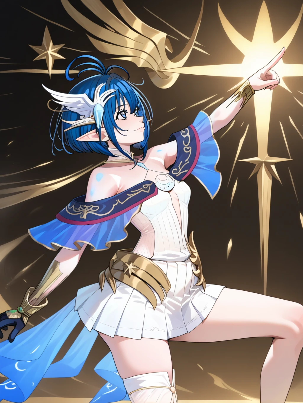 Anime girl with short messy hair with blue crystal eyes wearing wearing yellow hoodie and doing a dynamic pose, background  galaxy , glitter , particle  , Black Roses on the ground ,dynamic pose ,manga cover page with Japanese text