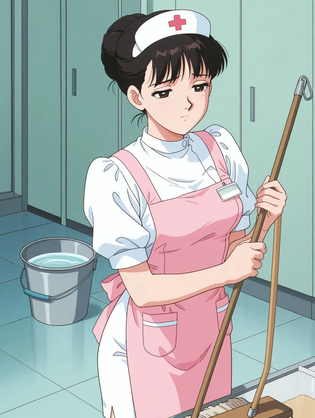 masterpiece, best quality, newest, absurdres, highres, detailed eyes, beautiful, detailed background, perfect eyes, anime coloring, 1990s \(style\), 1girl, solo, mihashi haruko, black hair, short hair, single hair bun, bangs, black eyes, medium breasts, nurse, nurse cap, white shirt, puffy short sleeves, white pencil skirt, pink apron, holding mop, mopping floor, bucket, sad, half-closed eyes, (indoors, hospital), <lora:haruko_roujinz_illus-06:0.8>