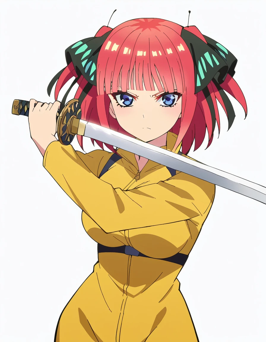 score_9, score_8_up, score_7_up, source_anime, <lora:nnakano-s2-ponyxl-lora-nochekaiser:1>, short hair, bangs, blue eyes, hair ornament, hair ribbon, pink hair, blunt bangs, two side up, butterfly hair ornament, large breasts, anime screencap,, <lora:sword-guard-stance-ponyxl-lora-nochekaiser:1>, sword guard stance, sword, weapon, solo, katana, holding, holding weapon, holding sword, looking at viewer,, jumpsuit, yellow jumpsuit, high collar, cowboy shot, pants,,