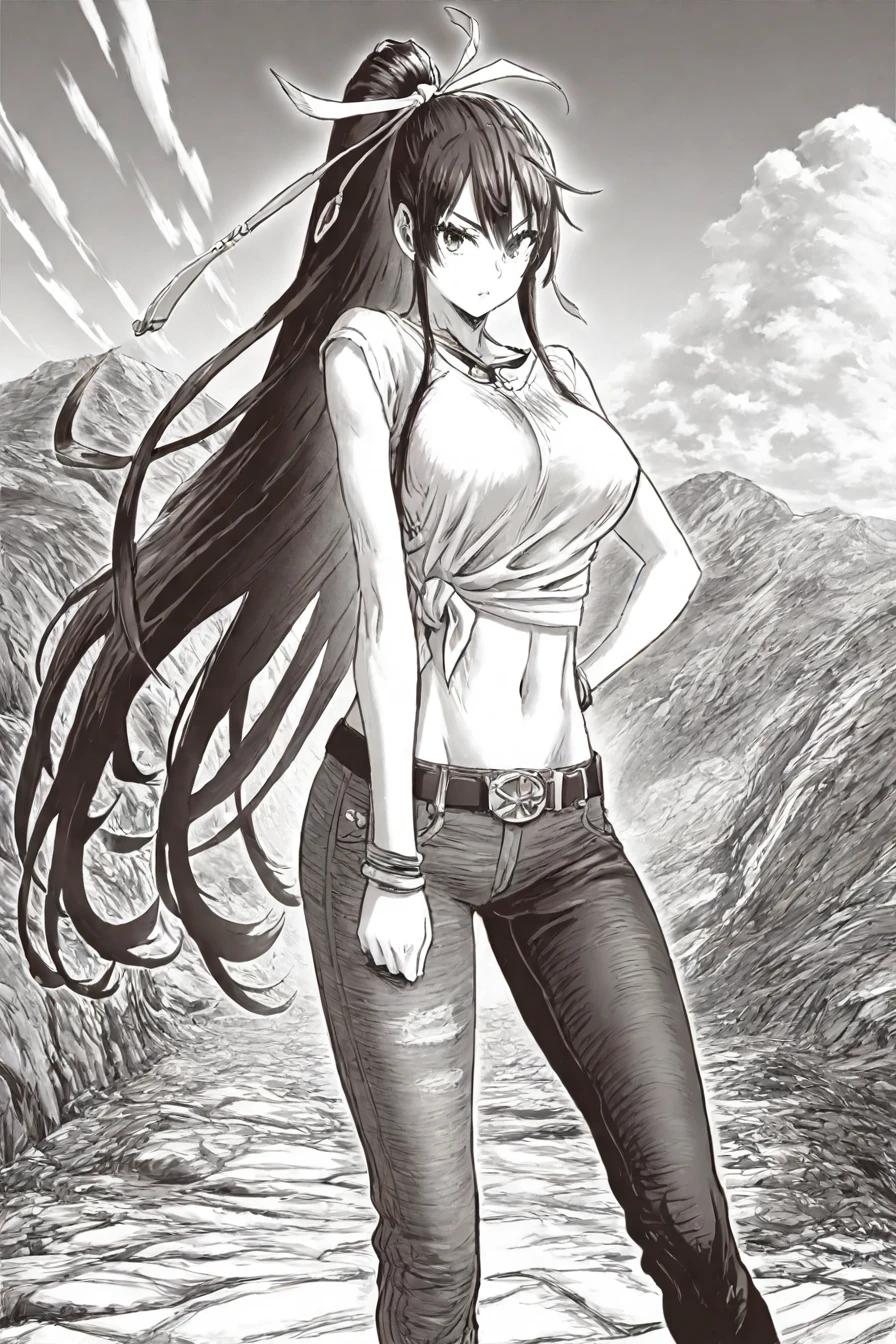 looking at the viewer, asymmetrical clothes, navel, very long hair, tied shirt, midriff, hair ribbon, single pantsleg, white shirt, ponytail, large breasts, jeans, white ribbon, belt, asymmetrical legwear, 1girl, solo, alone,<lora:yusuke_murata_scenery_illustriousXL-000021:1>, yusuke_murata_scenery, scenery, monochrome, greyscale, masterpiece, highres