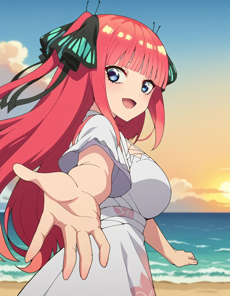 score_9, score_8_up, score_7_up, source_anime, <lora:nnakano-s2-ponyxl-lora-nochekaiser:1>, long hair, bangs, blue eyes, hair ornament, hair ribbon, pink hair, blunt bangs, two side up, butterfly hair ornament, large breasts, anime screencap, <lora:looking-back-reaching-towards-viewer-ponyxl-lora-nochekaiser:1>, looking back reaching towards viewer, looking at viewer, solo focus, smile, looking back, open mouth, reaching towards viewer,, ocean, beach, outdoors, sky, cowboy shot, sunset, clouds, thighs, solo,