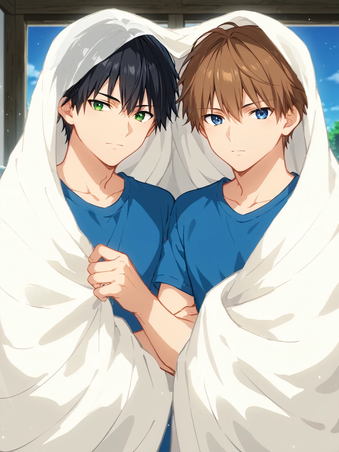 score_9, score_8_up, score_7_up, score_6_up, source_anime, anime screencap, blnkt, blanket, sfw, multiple boys, 2boys, t-shirt, closed blanket, (shared blanket:1.5), blanket over head, white blanket, brown hair, green eyes, black hair, blue eyes, mature, indoors, (portrait), detailed background, Hyperdetailed, Extreme Detail, 4K Resolution, Masterpiece, Best Quality <lora:Wrapped_In_A_Blanket_-_RealmRabbit:1.6>