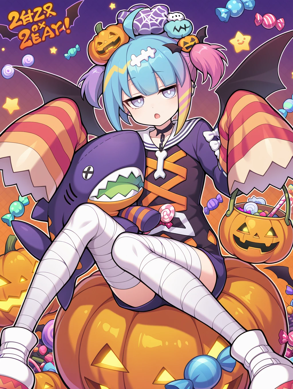 candy,halloween,1girl,looking at viewer,sleeves past fingers,solo,open mouth,bandaged thighhighs,halloween costume,halloween bucket,official art,pumpkin,white sneakers,sailor dress,blue shorts,black choker,stuffed toy themed hair ornament,black demon wings,purple stuffed shark toy,object hug,colorful background,stuffed animal,lil la treat,
masterpiece,best quality,amazing quality,very aesthetic,absurdres,newest,<lora:Live Twin Ki-sikil & Lil-la illuXL v4:0.7>,