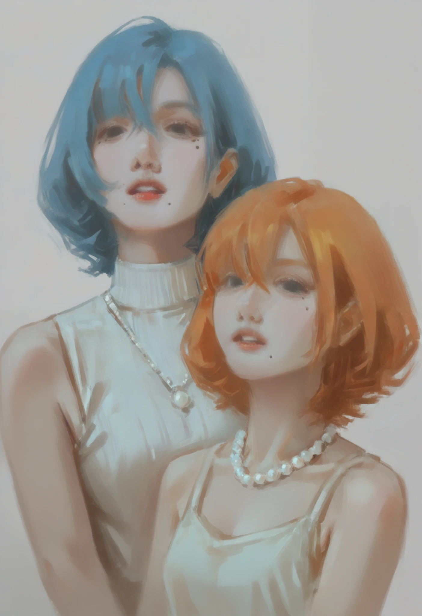 2girls, lipstick, mole under eye, mole under mouth, black eyes, blue hair, orange hair, short hair, hair between eyes, parted lips, looking at viewer, simple background, turtleneck, silver jewelry, necklace, pearl necklace, white shirt, bare shoulders, collarbone,
masterpiece, best quality, amazing quality, absurdres, newest, realistic, painting \(medium\),
<lora:fuenze:1>,
<lora:lora:0.5>