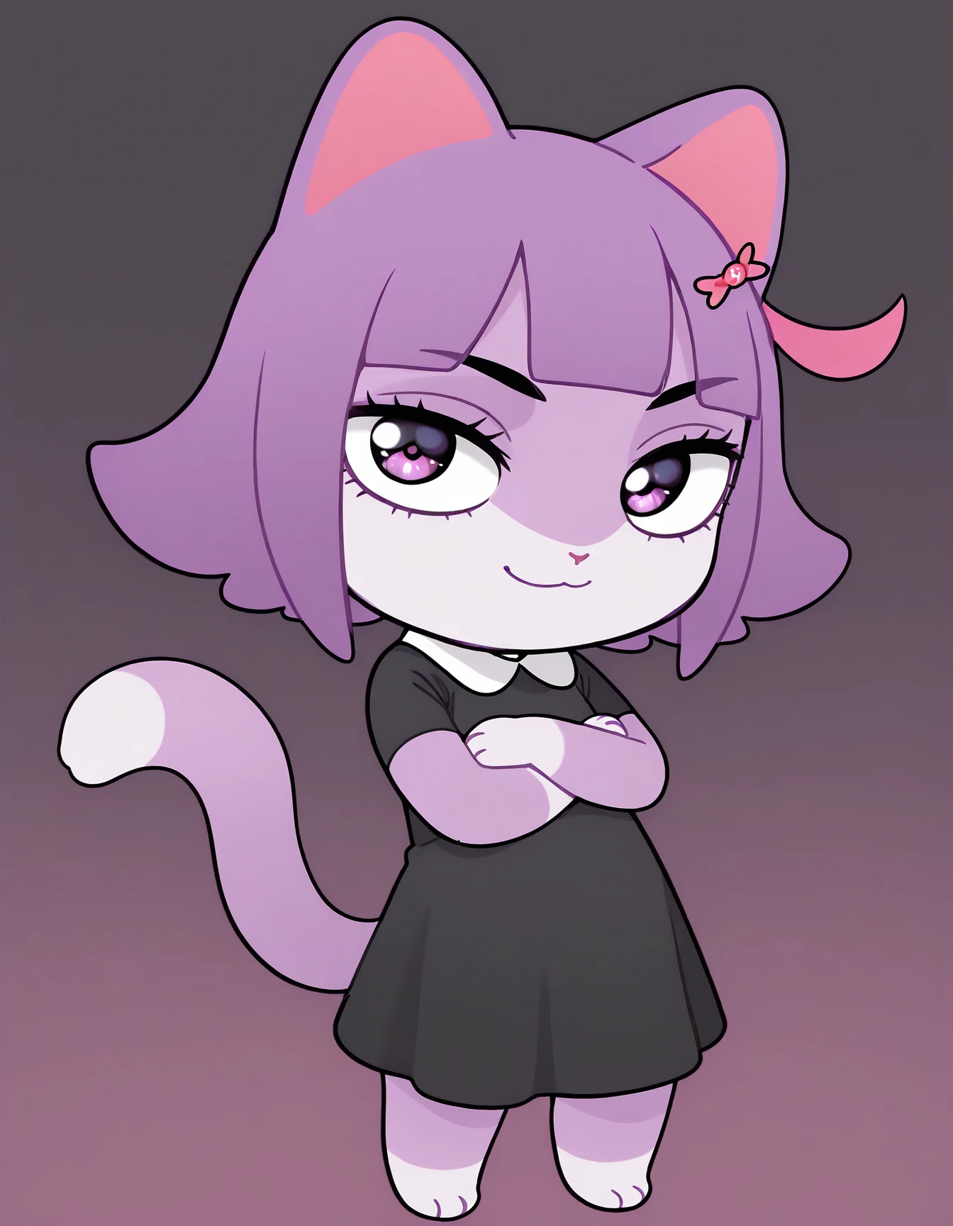 masterpiece, best quality, amazing quality, very aesthetic, high resolution, solo, furry, chibi
Masunya-vkstickrs, purple fur, short purple hair, cat ears, pink inner highlights, black dress, white collar, purple eyes, gradient background, crossed arms, smile
<lora:Masunya-vkstickrs_il:0.9>
