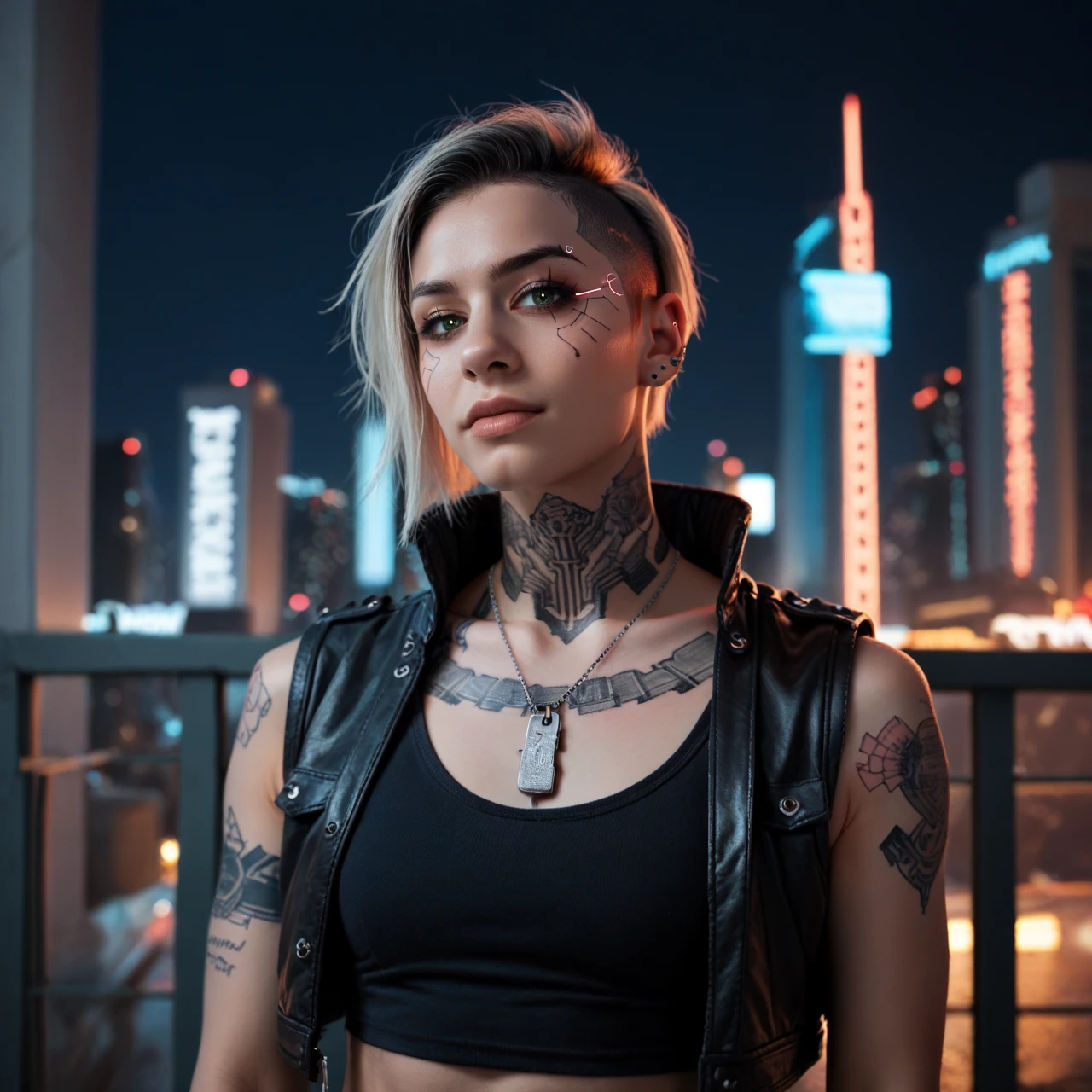score_9, score_8_up, 1girl, score_7_up, photo, solo, undercut, leather vest, piercing, punk girl, outdoors, posing, looking at viewer, fractal full_neck_tattoo, dogtags, cityscape, crop top, android facial marks, artificial eyes, cyberpunk, neon, night, dark <lora:Concept_NeckTattoo-PONY:0.8>