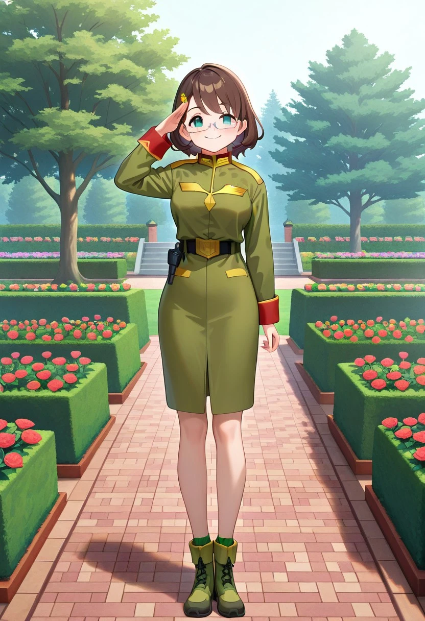 official art, masterpiece, best quality, absurdres, very aesthetic, 1girl, female focus, solo, Mia_CF, brown hair, medium hair, bob cut, bangs, asymmetrical hair, hair ornament, glasses, semi-rimless eyewear, under-rim eyewear, military uniform, collared jacket, military rank insignia, green jacket, long sleeves, sleeve cuffs, belt, belt buckle, green skirt, skirt, ankle boots, green footwear, looking at viewer, smile, full body, standing, salute, outdoors, garden, tree, flowers,
