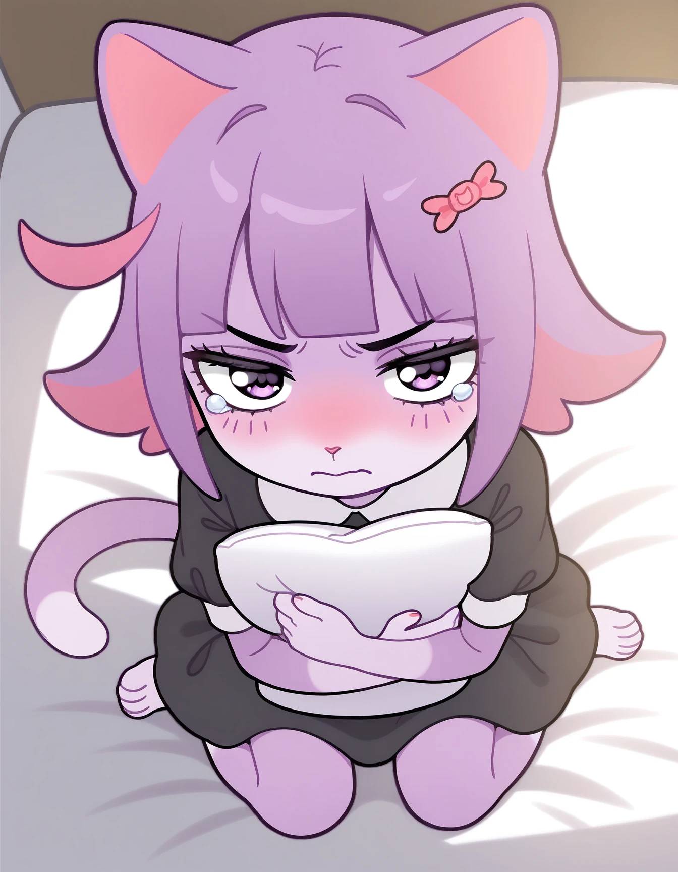 masterpiece, best quality, amazing quality, very aesthetic, high resolution, solo, furry, chibi
Masunya-vkstickrs, purple fur, short purple hair, cat ears, pink inner highlights, tail, black dress, short sleeves, white collar, purple eyes, hugging pillow,wariza,from_above,pov,tears,tsundere, ray tracing,soft lighting,dutch_angle, on the bed
<lora:Masunya-vkstickrs_il:0.9>