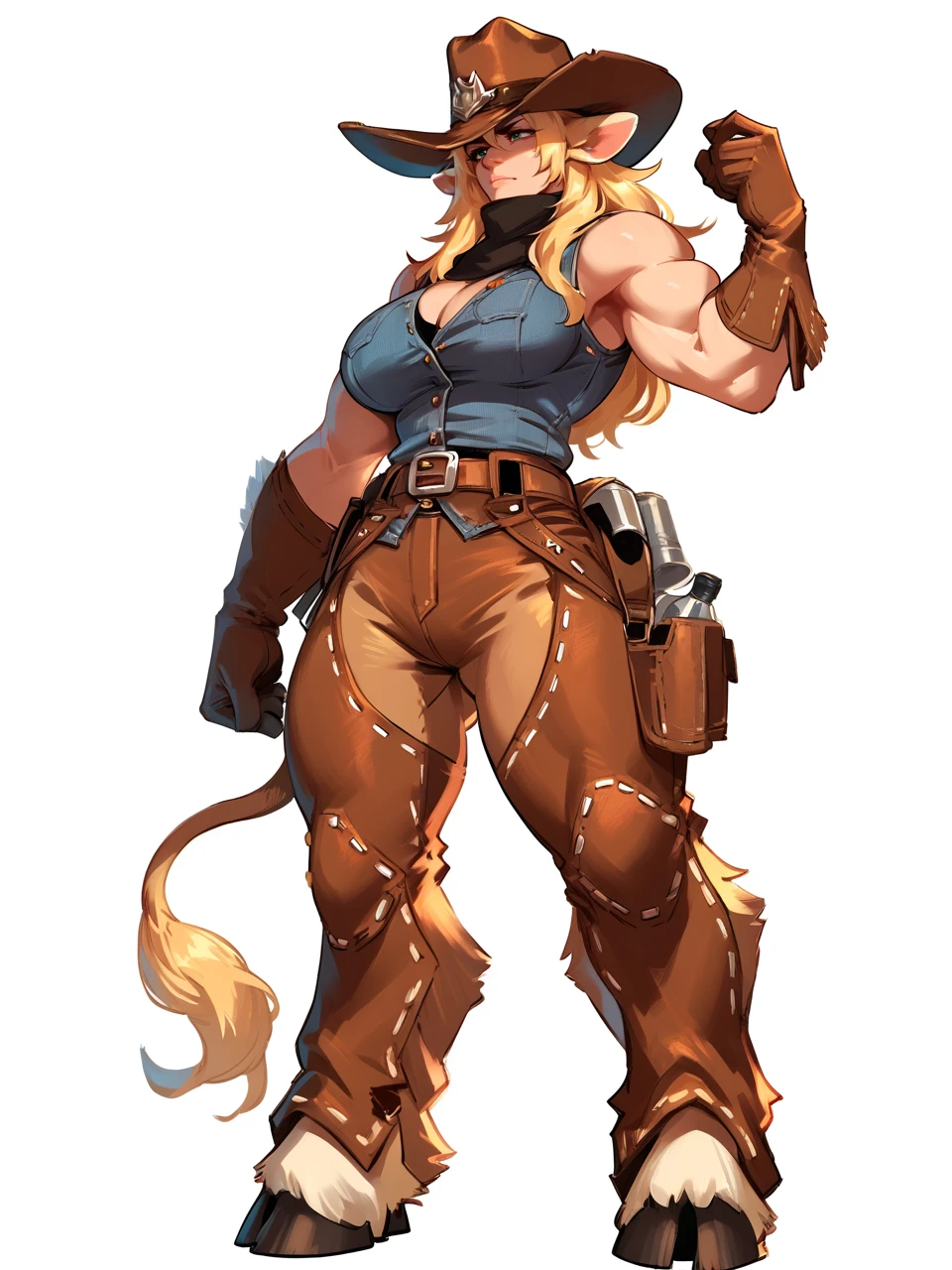 <lora:MGD_Belle-PONY:0.8> mgeminotaur, cow girl, monster girl, horns, animal ears, blonde hair, long hair, cowboy hat, sleeveless vest, muscular, curvy, large breasts, chaps, gloves, fringes, holster belt, tail, full body, hooves, white background, score_9, score_8_up, score_7_up, score_6_up,