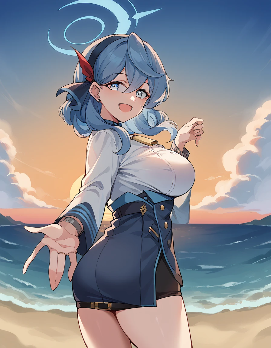 score_9, score_8_up, score_7_up, source_anime, <lora:ako-amau-ponyxl-lora-nochekaiser:1>, ako, blue eyes, blue hair, hair between eyes, halo, medium hair, sidelocks, mature female, large breasts, <lora:looking-back-reaching-towards-viewer-ponyxl-lora-nochekaiser:1>, looking back reaching towards viewer, looking at viewer, solo focus, smile, looking back, open mouth, reaching towards viewer,, ocean, beach, outdoors, sky, cowboy shot, sunset, clouds, thighs, solo,