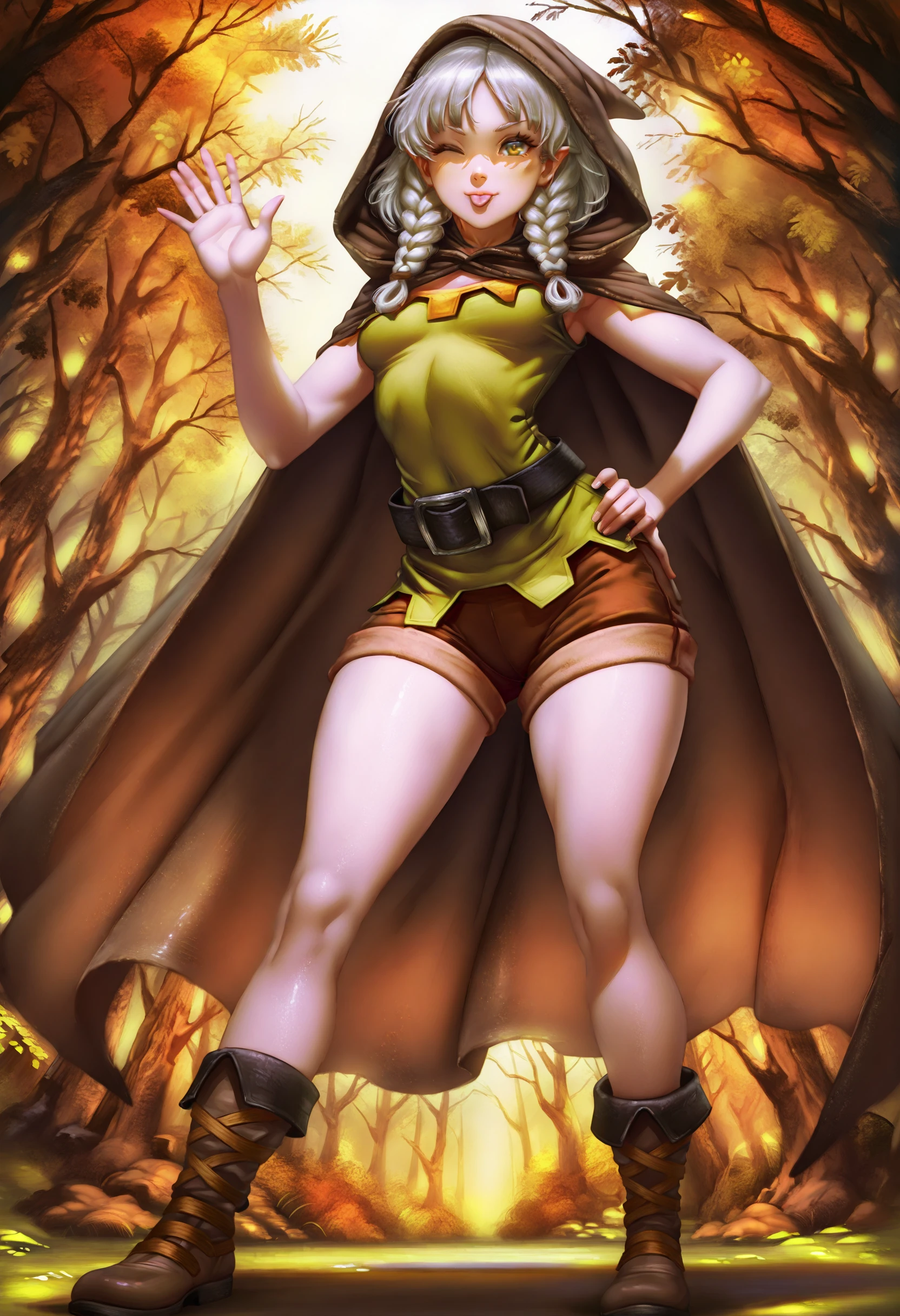 masterpiece,best quality,
illustriouslogan,
gradient background, Forest background,looking at viewer,
elfill, 1girl, braid, twin braids, solo,small breasts, ,white hair,tunic,full body, shorts, boots, standing, shadow, hood, cloak.waving, :p,one eye closed, from below, hand on own hip,
<lora:elfill2-000004:0.7>, <lora:Logan_Cure_-_Illustrious:1>
