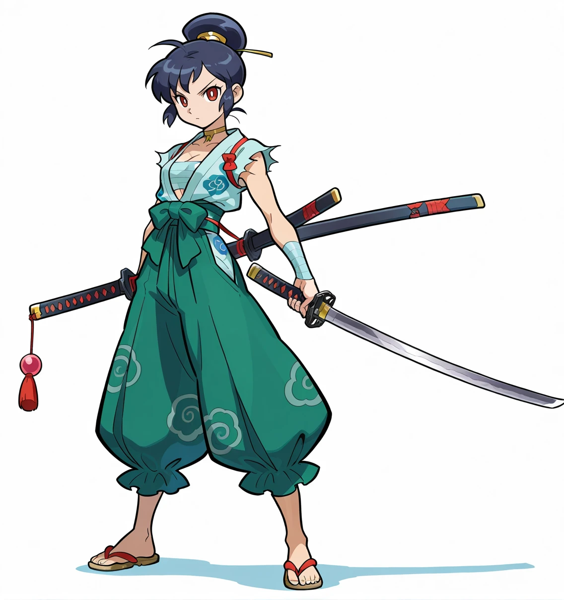 1GIRL, solo, full body, masterpiece, best_quality, absurdres, perfect quality, high quality , White background, simple background,,BREAK 
 <lora:Power_Stone_Style:1> powerstone,BREAK 
 Female, Katana, Samura, Messy short hair,scandal, red eyes