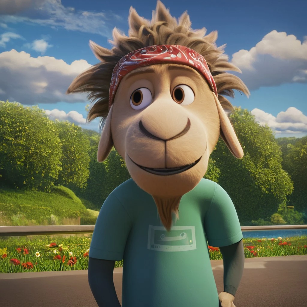 score_9, score_8_up, score_7_up, cartoon_style, ((by BodiPhantom)), 4k, 8k, The best quality, very well drawn, detailed, high quality, detailed, 4k, high resolution, high quality, high resolution, outdoors, furry character, SOLO, clearing, sun, flowers, clouds, river, stream,
rock dog, germur, furry, boy, a male goat, male goat with yellowish-brown fur, brown eyes and tousled light brown hair, he is wearing a turquoise T-shirt with a picture of a cassette tape over a darker long-sleeved shirt, blue jeans and a red bandana on his head,
She stands with her hands on her hips, kind, sweet, sexy, ultra detailed character, detailed face