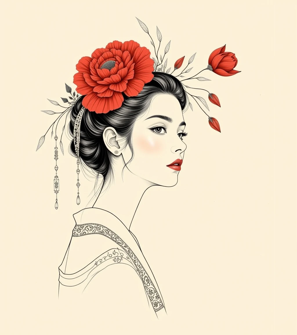 baomiao_solo, ink line drawing,

a woman with a red flower on her head,

