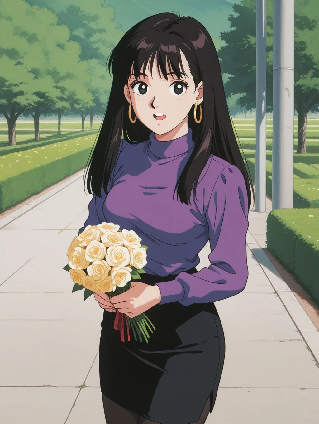 masterpiece, best quality, newest, absurdres, highres, detailed eyes, beautiful, detailed background, perfect eyes, anime coloring, 1990s \(style\), 1girl, solo, mihashi haruko, black hair, long hair, bangs, black eyes, medium breasts, hoop earrings, purple turtleneck sweater, untucked, long sleeves, black pencil skirt, black pantyhose, (holding flower bouquet:1.2), looking at viewer, open mouth, teeth, (outdoors), <lora:haruko_roujinz_illus-06:0.8>