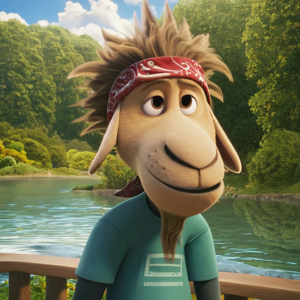 score_9, score_8_up, score_7_up, cartoon_style, ((by BodiPhantom)), 4k, 8k, The best quality, very well drawn, detailed, high quality, detailed, 4k, high resolution, high quality, high resolution, outdoors, furry character, SOLO, clearing, sun, flowers, clouds, river, stream,
rock dog, germur, furry, boy, a male goat, male goat with yellowish-brown fur, brown eyes and tousled light brown hair, he is wearing a turquoise T-shirt with a picture of a cassette tape over a darker long-sleeved shirt, blue jeans and a red bandana on his head,
She stands with her hands on her hips, kind, sweet, sexy, ultra detailed character, detailed face