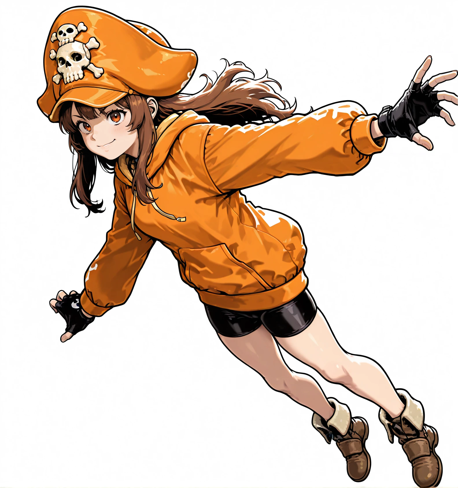 1Boy, solo, full body, masterpiece, best_quality, absurdres, perfect quality, high quality , White background, simple background,,BREAK
Pretty face, eyes details
<lora:Capcom_Fighting_Jam:1> CFJ,REALISM
<lora:Illustrious May:0.8> 1girl, long hair, orange headwear, brown hair, skull and crossbones, hood, orange hoodie, fingerless gloves, black gloves, bike shorts, brown eyes, black shorts, long sleeves, cabbie hat, pirate hat