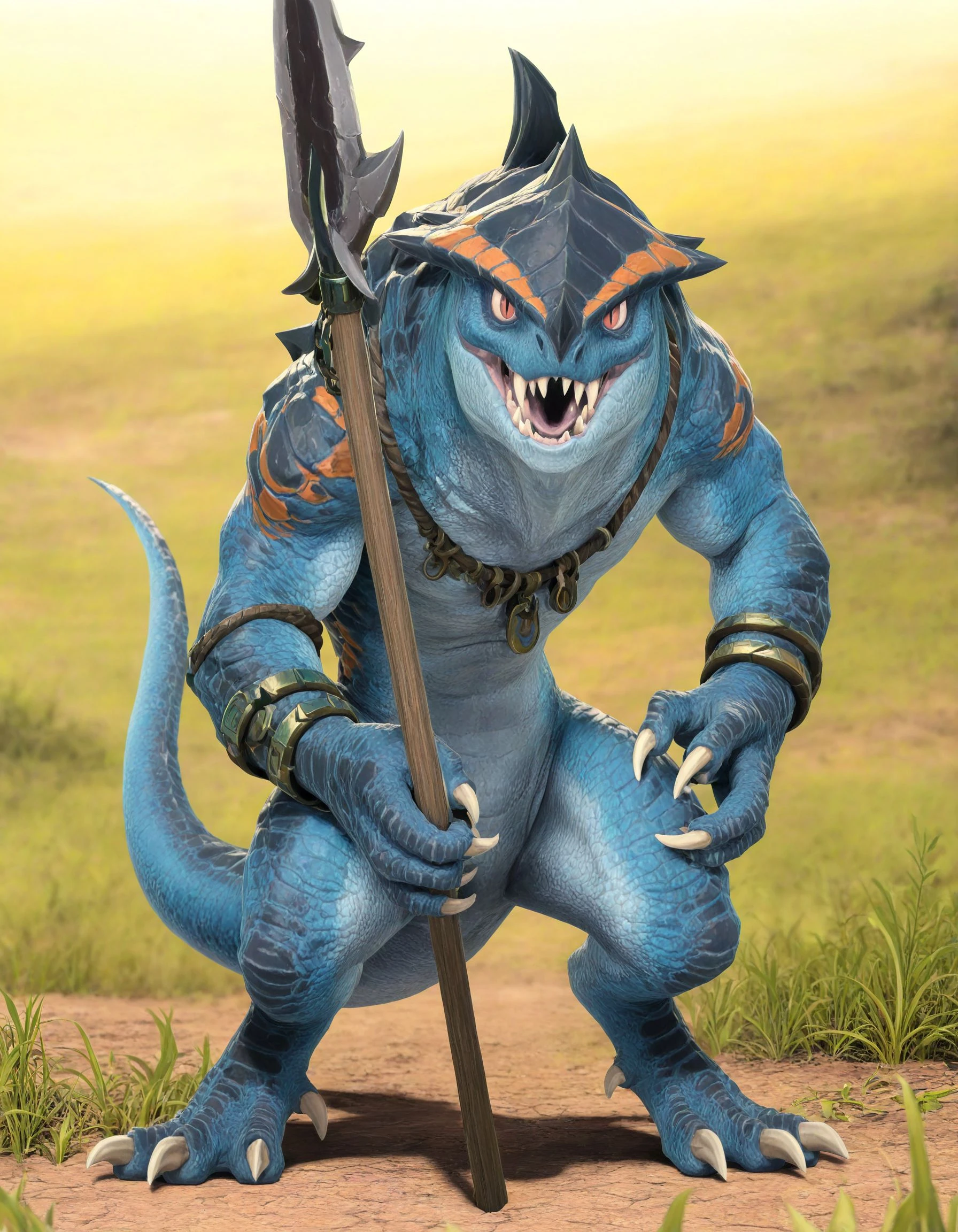 masterpiece, good quality, best quality, 2d, sugimori ken \(style\),
SaurusWarrior, monster, no humans, scales, solo, slit pupils, looking at viewer,
holding polearm,
<lora:SaurusWarrior_IL:0.8>