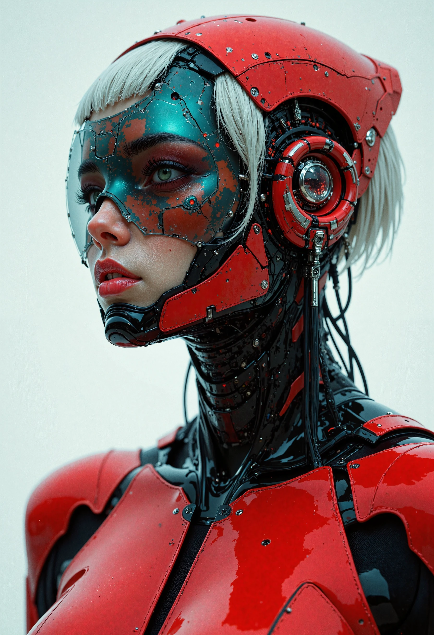 masterpiece, high-quality, A cybernetic woman in sleek red and black armor, her short white hair contrasting sharply with her intense gaze, Her armor is streamlined with metallic accents and a translucent larger image of herself looms behind as if showing her inner power, neon reflections, minimalistic composition, elaborate fine details, hyperdetailed, intricate details, Refined details, best quality, high resolution, <lora:FLUX\FantasticalRealismV2:1.0>