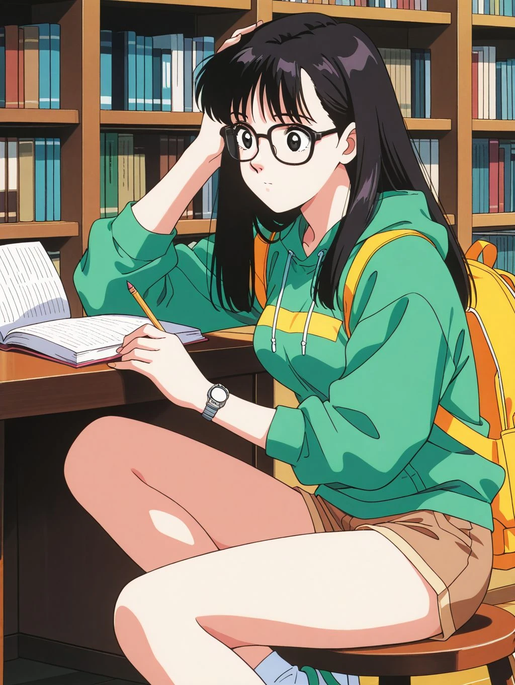 masterpiece, best quality, newest, absurdres, highres, detailed eyes, beautiful, detailed background, perfect eyes, anime coloring, 1990s \(style\), 1girl, solo, mihashi haruko, black hair, long hair, bangs, black eyes, black frammed eyewear, medium breasts, green hoodie sweater, hoodie down, brown shorts, ankle socks, sneakers, wristwatch, library, table, sitting, book, holding pencil, looking at book, hand holding head, studying, backpack, <lora:haruko_roujinz_illus-06:0.8>