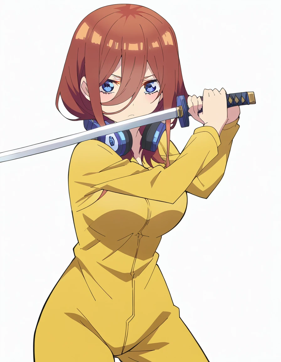 score_9, score_8_up, score_7_up, source_anime, <lora:miku-nakano-s2-ponyxl-lora-nochekaiser:1>, miku nakano, long hair, bangs, blue eyes, brown hair, hair between eyes, headphones, headphones around neck, large breasts, anime screencap, <lora:sword-guard-stance-ponyxl-lora-nochekaiser:1>, sword guard stance, sword, weapon, solo, katana, holding, holding weapon, holding sword, looking at viewer,, jumpsuit, yellow jumpsuit, high collar, cowboy shot, pants,,