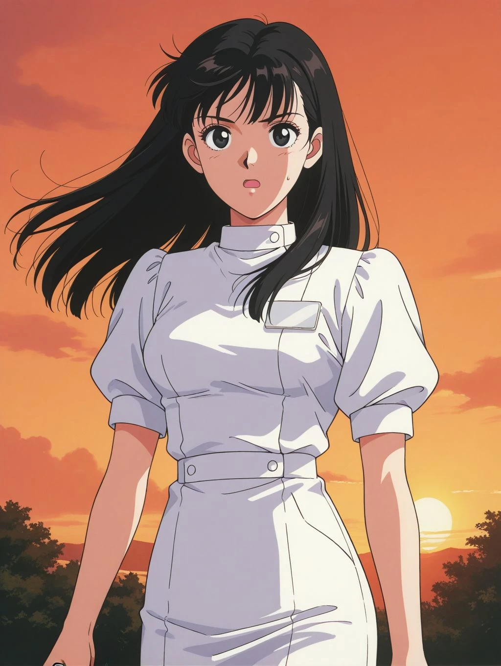 masterpiece, best quality, newest, absurdres, highres, detailed eyes, beautiful, detailed background, perfect eyes, anime coloring, 1990s \(style\), 1girl, solo, mihashi haruko, black hair, long hair, bangs, black eyes, medium breasts, nurse, white shirt, puffy short sleeves, white pencil skirt, (holding gas cylinder:1.2), open mouth, sweatdrop, serious, (outdoors, floating hair, sunset), <lora:haruko_roujinz_illus-06:0.8>