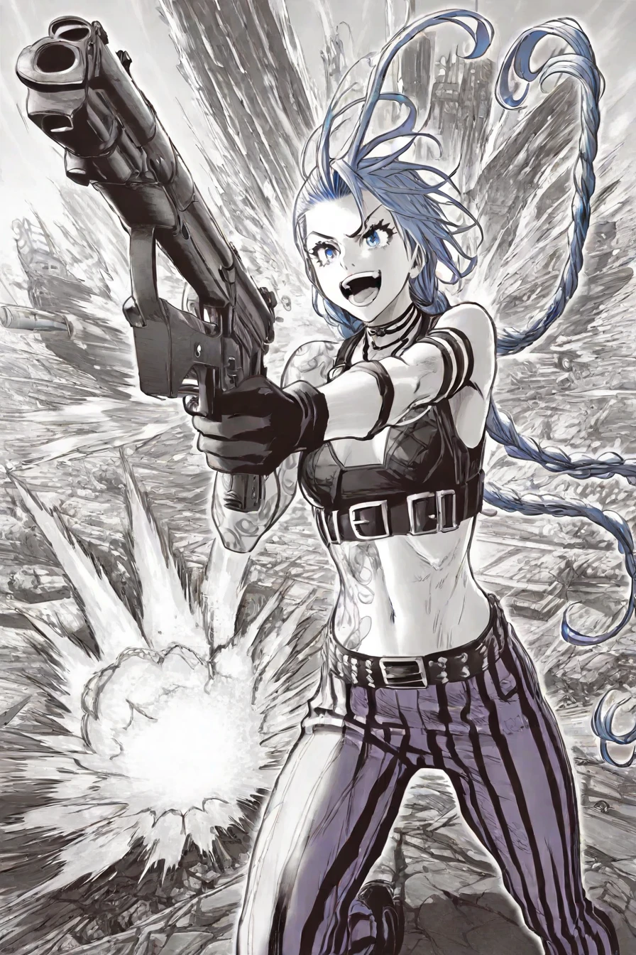 jinx, blue hair, pale skin, choker, smile, blue eyes, long blue twin pigtails, tattoo,crop top, sleeve, armbands, purple striped pants, gloves, belt, 1girl, solo, alone, ruin, explosion, laughing, holding gun, <lora:yusuke_murata_scenery_illustriousXL-000021:1>, yusuke_murata_scenery, scenery, monochrome, greyscale, masterpiece, highres