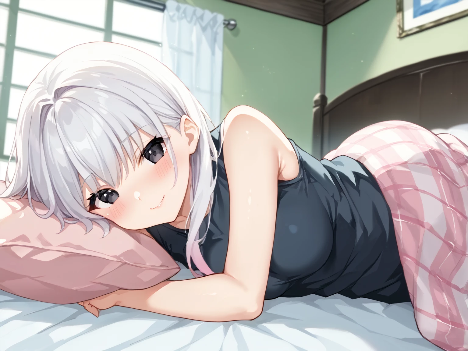 score_9, score_8_up, score_7_up, score_6_up, source_anime, anime screencap, blnkt, sfw, 1girl, solo, black clothes, pink blanket, beneath blanket pov, lying, lying on side, (blanket on legs:1.5), full body, bed, white hair, long hair, black eyes, mature, light smile, blush, indoors, (portrait), detailed background, Hyperdetailed, Extreme Detail, 4K Resolution, Masterpiece, Best Quality <lora:Wrapped_In_A_Blanket_-_RealmRabbit:1.8>