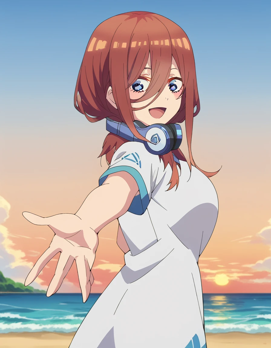 score_9, score_8_up, score_7_up, source_anime, <lora:miku-nakano-s2-ponyxl-lora-nochekaiser:1>, miku nakano, long hair, bangs, blue eyes, brown hair, hair between eyes, headphones, headphones around neck, large breasts, anime screencap, <lora:looking-back-reaching-towards-viewer-ponyxl-lora-nochekaiser:1>, looking back reaching towards viewer, looking at viewer, solo focus, smile, looking back, open mouth, reaching towards viewer,, ocean, beach, outdoors, sky, cowboy shot, sunset, clouds, thighs, solo,