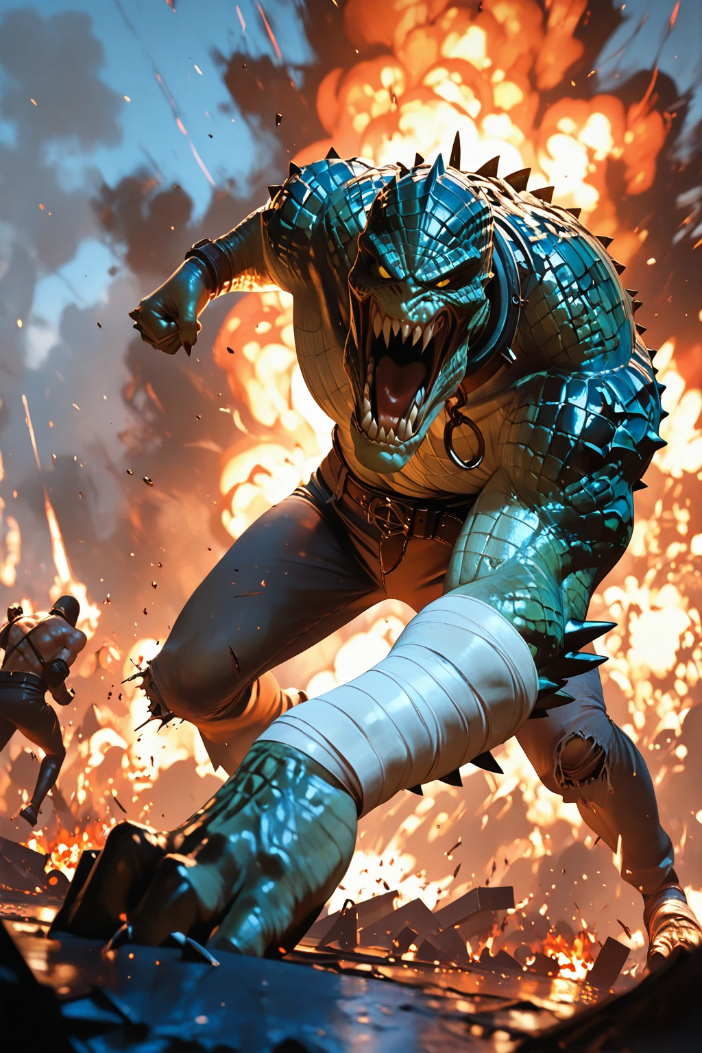 masterpiece, good quality, best quality, very awa, very as2, absurdres, highres, 3d
<lora:Killer CrocilluLoRA:0.8>killercroc, scales, sharp teeth, muscular, claws, torn pants, bandages, belt, collar, spikes, fire trail, punching, angry, open mouth, battlefield, explosions,