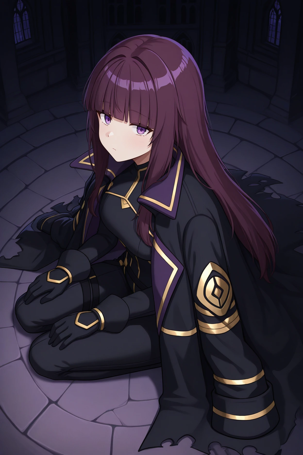masterpiece, best quality, 1girl, solo, <lora:eta-illu-nvwls-v1-000006:1> sdeta, purple hair, blunt bangs, long hair, purple eyes, black coat on shoulders, black bodysuit, gold trim, black gloves, black pants, night, gothic architecture, full body, sitting, on ground, from side, looking at viewer, tired, from above, torn coat
