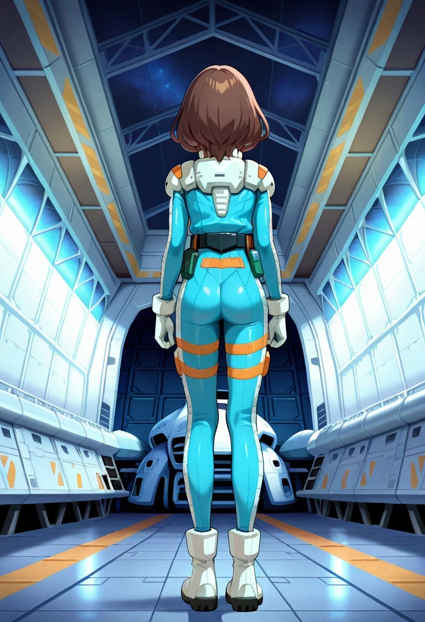 official art,  masterpiece, best quality, absurdres, very aesthetic, 1girl, female focus, solo,  Mia_CF, brown hair, medium hair, bob cut, normal suit, pilot suit, blue bodysuit, utility belt, white gloves, ankle boots, white footwear, standing, indoors, hangar, from behind, arms at side, spacecraft interior