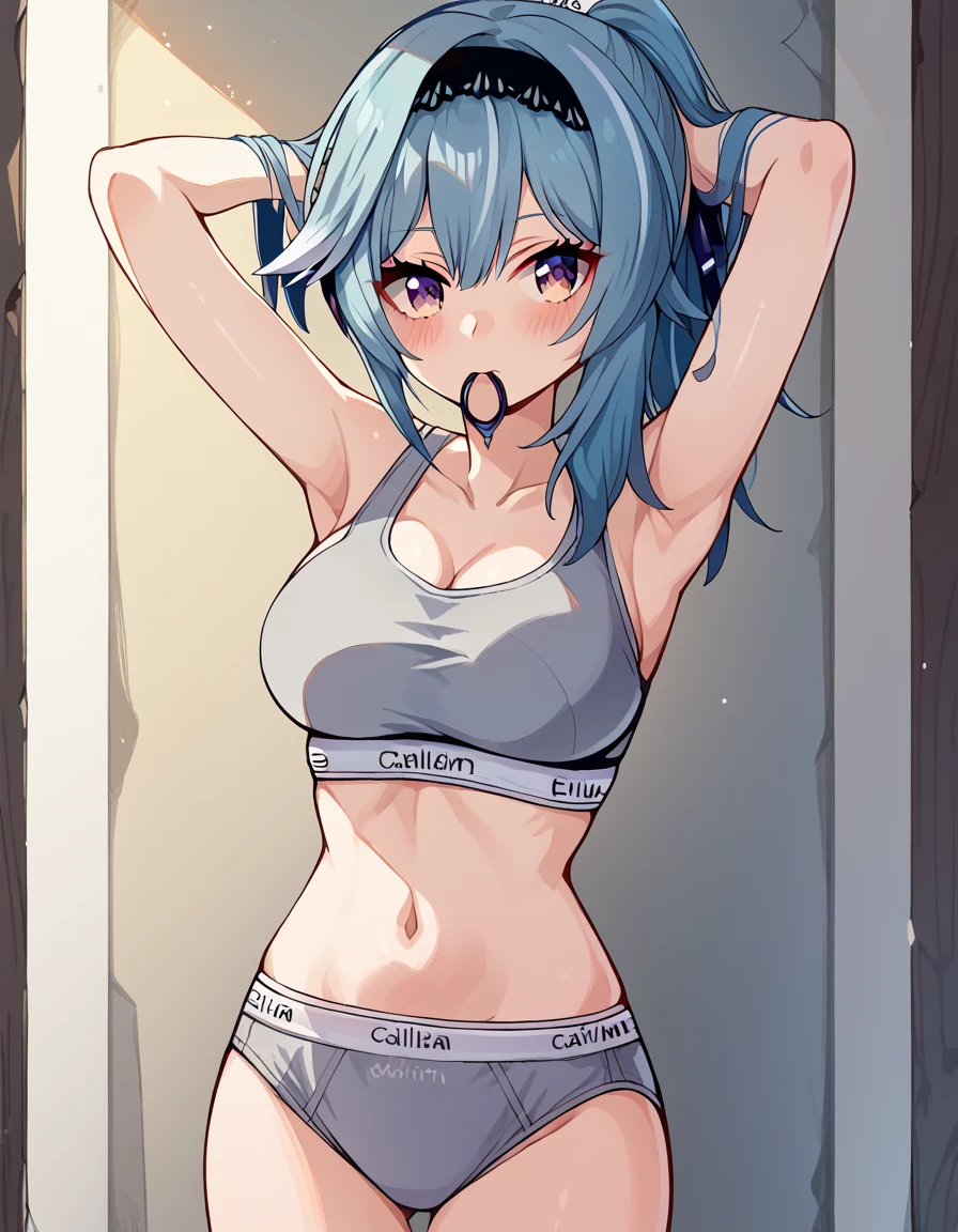 score_9, score_8_up, score_7_up, source_anime, <lora:genshin-eula-ingame-ponyxl-lora-nochekaiser:1>, eula, bangs, hair ornament, hair between eyes, blue hair, purple eyes, sidelocks, hairband, medium hair, black hairband, large breasts, <lora:calvin-klein-ponyxl-lora-nochekaiser:1>, calvin klein, underwear, panties, bra, underwear only, collarbone, grey panties, grey bra, sports bra,, <lora:hair-tie-in-mouth-ponyxl-lora-nochekaiser:1>, hair tie in mouth, hair tie, mouth hold, rubber band, bedroom, navel, blush, tying hair, adjusting hair, hands in hair, arms up, arms behind head, armpits, ponytail, hand in own hair, hair lift, cowboy shot, looking at viewer,