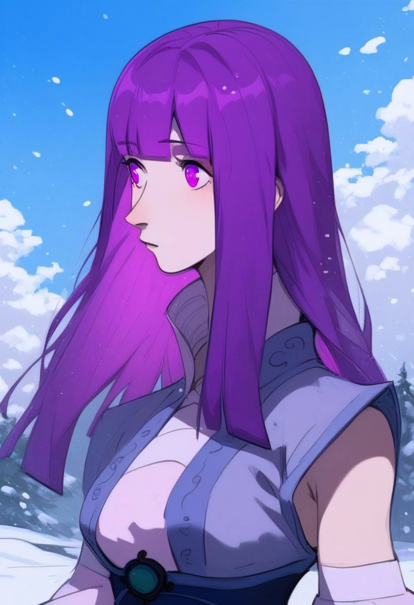 score_9, score_8_up, score_7_up, score_6_up,
yeziyun, 1girl, lavender eyes, purple hair, long hair, bangs, blunt bangs, breasts, slender, cute, detached sleeves, sash, outdoors, snow particles, looking away, beautiful face, side boob, sky, day, portrait, volumetric light, pastel colors