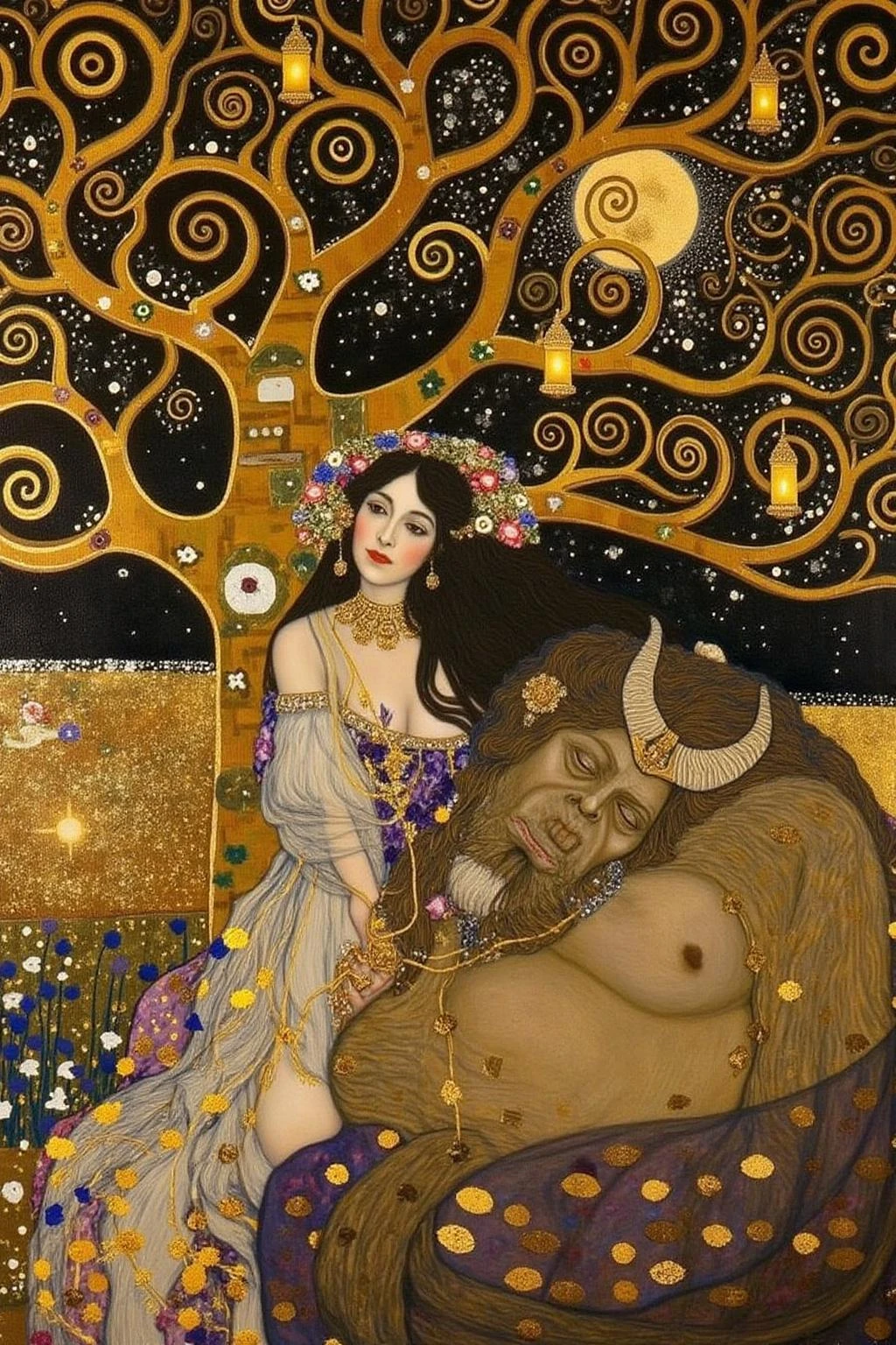 kl1mt painting. a scene from Arabian Nights, rendered in intricate, colorful detail. A beautiful woman and a sleeping demon. The woman sits gracefully under a sprawling tree with lush, curving branches and hanging vines. She has striking, almond-shaped eyes, dark flowing hair, and wears elegant traditional attire with ornate jewelry that glimmers softly under the moonlight. Her expression is calm and serene as she gazes thoughtfully into the distance. Resting his head gently on her lap is a large demon with a powerful, otherworldly presence. The demon, though fearsome in size, appears vulnerable as he lies beside her. His skin has a muted, earthy tone, and his features--sharp and beastly--are softened by a look of weary contentment. His claws are retracted, and he exudes a mixture of strength and peace in her presence. The tree's twisted branches arc above them, framing the scene like a natural canopy. Golden lamps hang from the tree, casting warm, soft light, illuminating the two figures in a magical glow. The background is a deep, starry night, with hints of distant desert dunes and a crescent moon overhead, creating an enchanting and mystical ambiance that draws the viewer into this world of fantasy and myth. <lora:kl1mt_cap_d6a3e12:1.0><lora:823315363723973334:0>