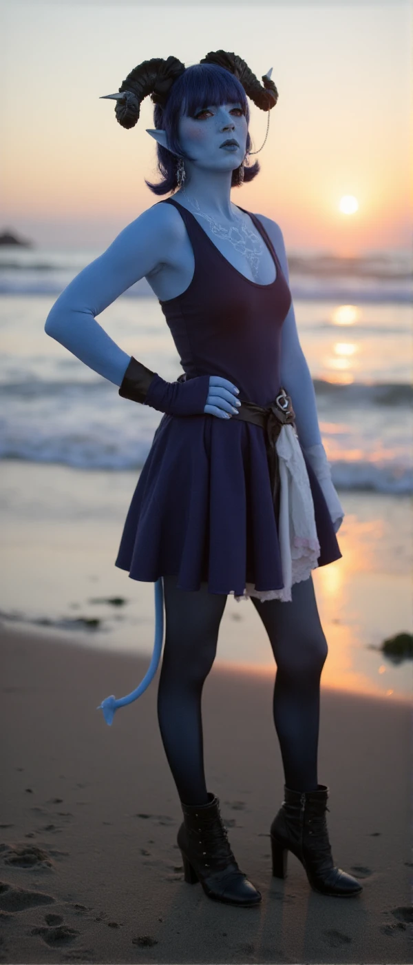 <lora:Jester_Lavorre:0.9> jester lavorre, full body, a woman with a blue colored skin and pointy ears and horns. She wears a dress. she poses on the beach at sunset