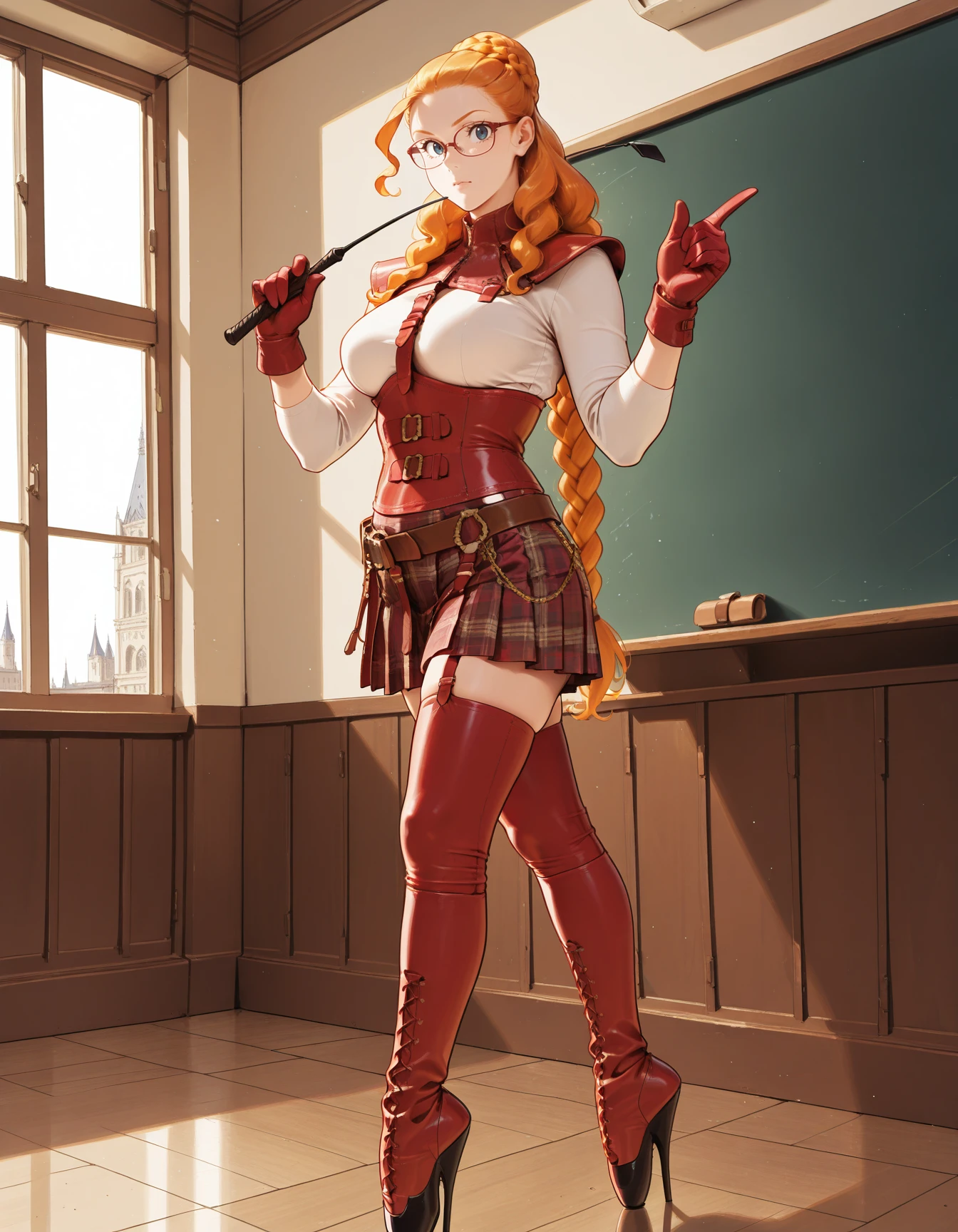 1girl, solo, daphne ann blake, ginger hair, very long hair, bun braid, very long thin braid, from side, straps, pulled back hair, red corset, buckles, red chest strap, belt, standing, indoors, cathedral, stitching, <lora:mordsith-ILXL2025-01-26_19-02-05-save-390-30-0:0.75> looking at viewer, large breasts, gloves, pointing down, holding riding crop, schoolroom, chalkboard, glasses, plaid pleated skirt, white blouse, shoulder armor chain, zettai ryouiki, stepping pose, ballet heels <lora:Addon_v-BalletHeels-ILXL:1> masterpiece, best quality, very aesthetic, newest