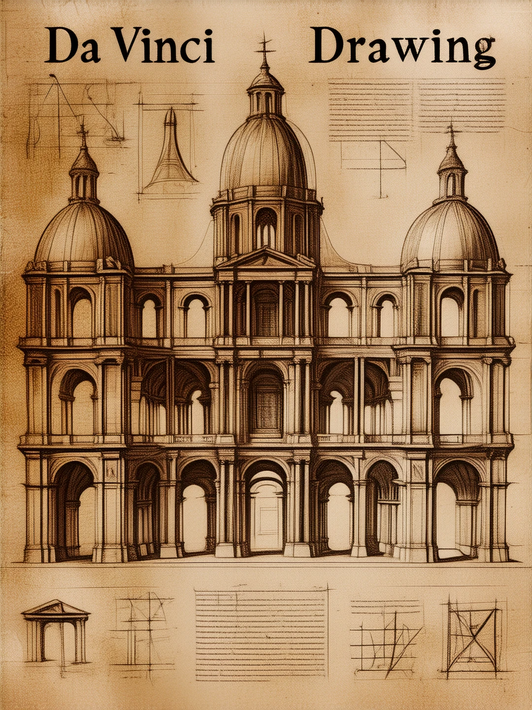 On old parchment. An architectural diagram.
In large bold text display the title "Da Vinci Drawing".
With notations and scribbling.
dvnciCE_style