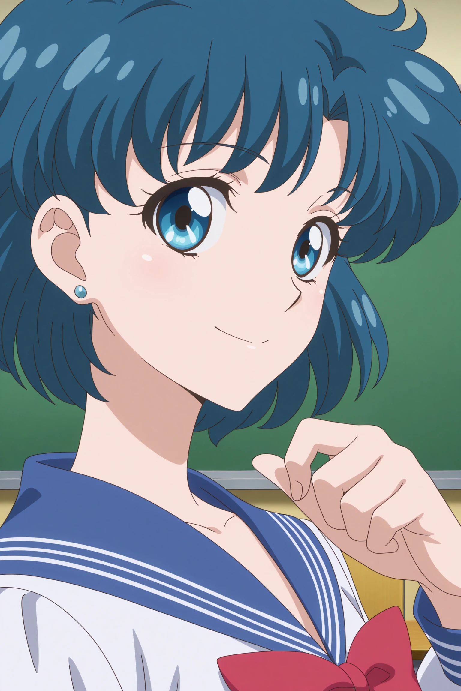 masterpiece, best quality, amazing quality, highres, absurdres, very aesthetic, high resolution, ultra detailed, perfect details, 1girl, solo, indoors, classroom, mizuno ami, short hair, blue hair, blue eyes, stud earrings, serafuku, long sleeves, white shirt, blue sailor collar, red bowtie, blue back bow, blue skirt, pleated skirt, white socks, ankle socks, loafers, <lora:Ami_Mizuno_ILXL:0.8>, (aged up:1.2), (portrait:1.5), smile, looking at viewer, (pose:1.3), (anime screencap:1.5), (anime coloring:1.5), from side