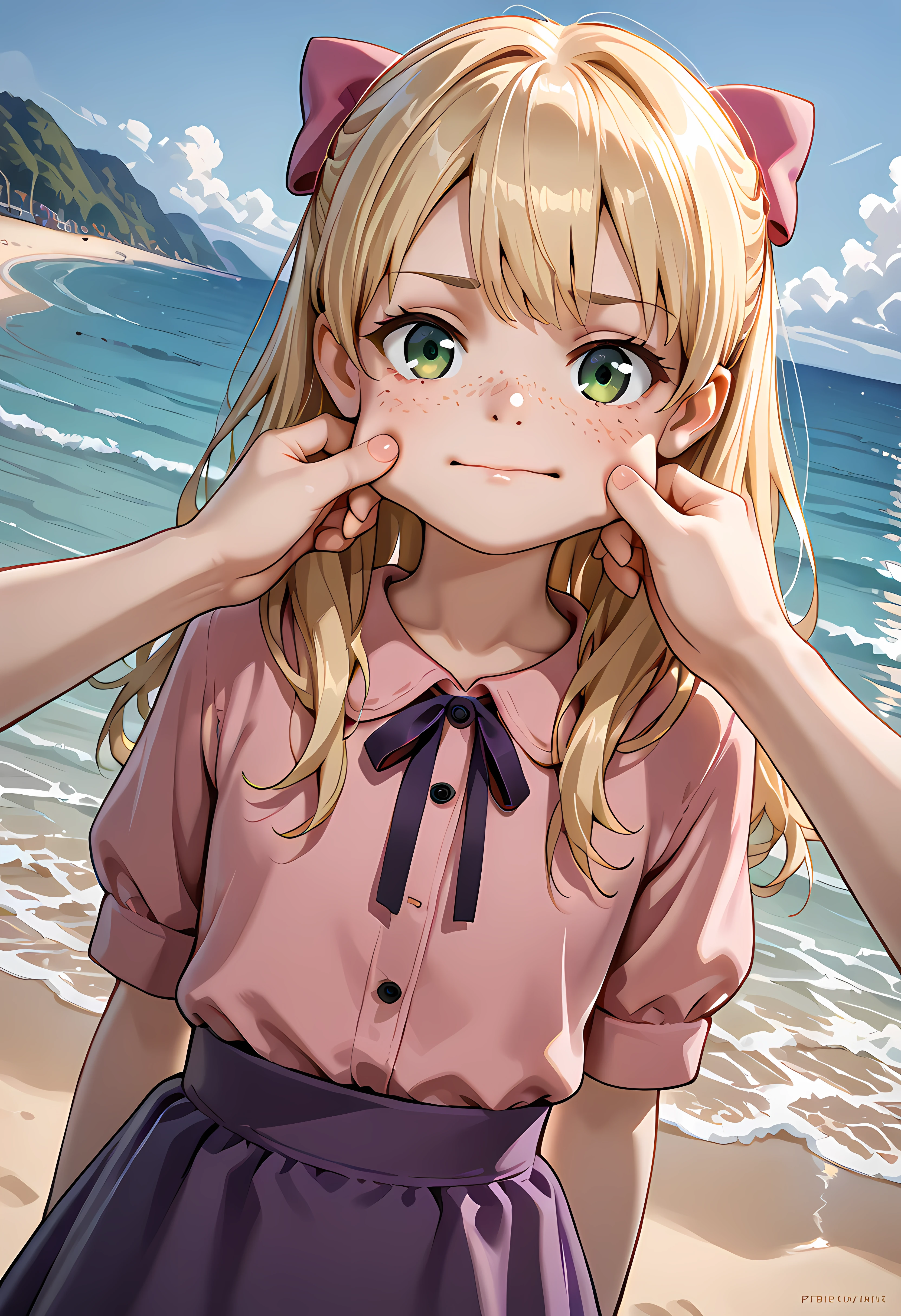 ,masterpiece,best quality,amazing quality,,<lora:Elizabeth Afton_Illustrious:0.8>1 girl ,pink shirt ,purple skirt,,, 1girl, solo, blonde hair, bow, hair bow,, (portrai shot, upper body),cinematic lighting, dark, high resolution, 2k resolution:1.0, detailed background, 1girl, girl, , casual clothes, (size differense:1.2), , park,,long hair,green eyes,ribbon, freckles, beach,
solo, dutch angle, looking at viewer, cowboy shot, ,upper body, cheek pinching, pov hands <lora:PinchingPOVBothHands_XLPD:1>