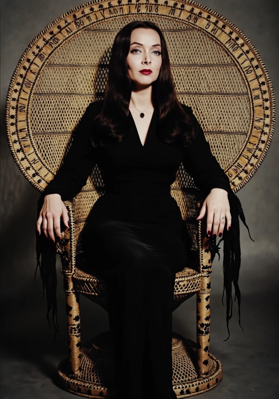 <lora:Flux_Fast_Lora:1> <lora:carolyn-jones-morticia-addams-flux-1d-lora:1> mortadd Morticia sitting in a wicker peacock chair with her hands on the chair arms