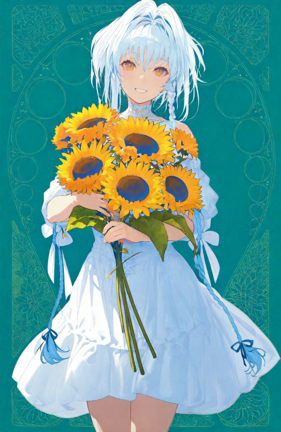 (((best quality,master piece,Highest light and shadow effect,black theme,white theme,:1.3))),(sunny weather,blue sky with sparse white clouds,Soothing atmosphere,colorful:1.3),perfect detail blue eyes,long beautiful black hair,perfect detail hand,perfect detail face,(snow white skin),1 sexy girl,(angewomon, angel wings,red headband:1.4),perfect full breasts ,(((Beautiful sunflower field background,outside))),(Soft look),(affectionate gaze),(subtle smile),(Envy),(look directly at the viewer),(rely on viewer's arm) <lora:Malkuth-06:0.5> <lora:Angewomon:0.7> <lora:add_detail:1> <lora:animeoutlineV4_16:0.7>