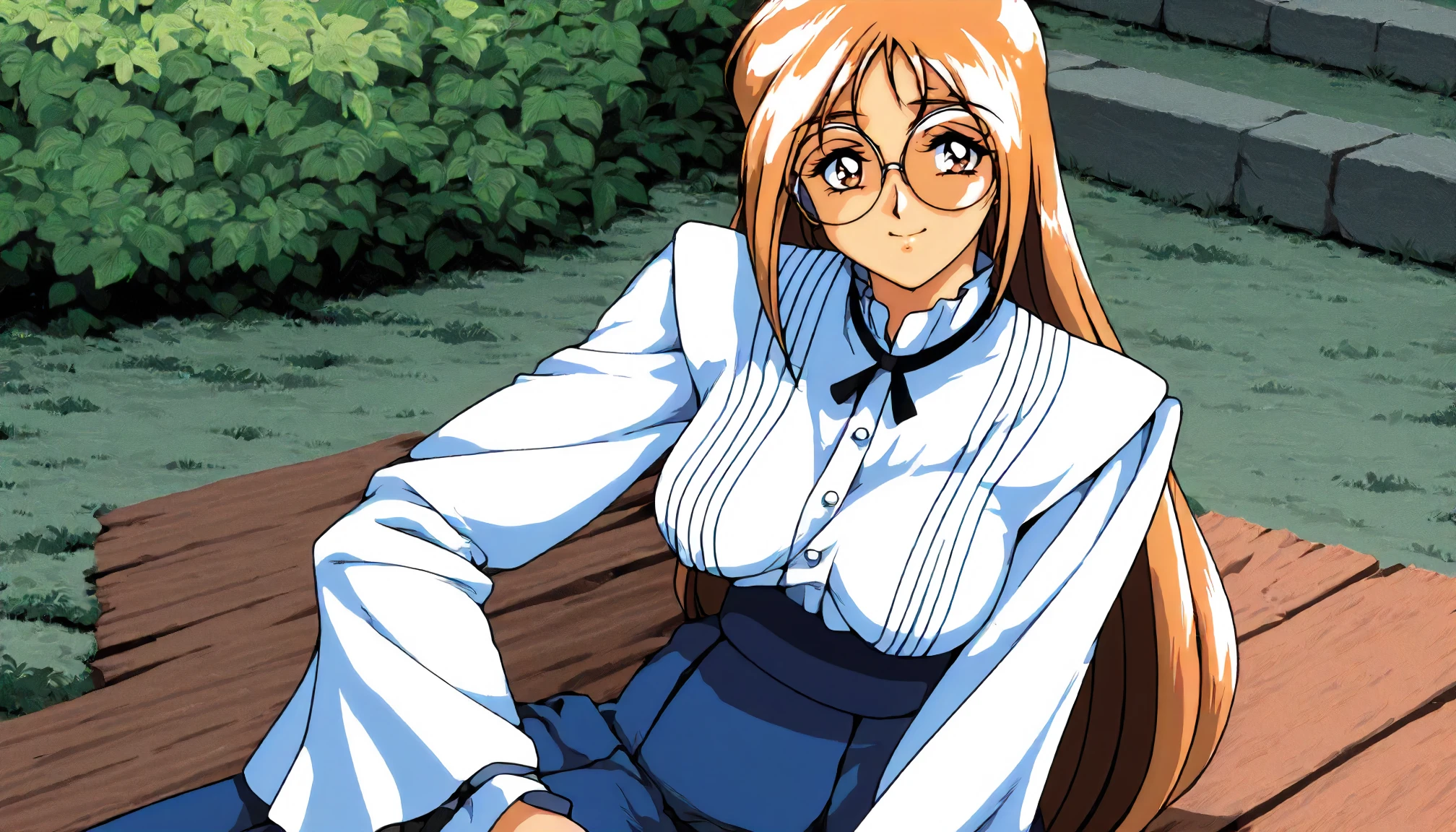 retro, anime,volumetric lighting, best quality, masterpiece, realistic, 1girl, japanese, smiling, sitting, bench, outside, park, trees, stone path,pond, cowboy shot, school uniform, side bangs, twintails, parted lips, wide hips, thick thighs, stockings, skindentation,blushing, glasses, coat, flower patches, <lora:retroANIME_v10:0.85>