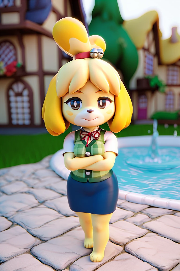 score_9, score_8_up, score_7_up, score_6_up, score_5_up, score_4_up, 3d,
1girl, solo, female focus, looking at viewer, closed mouth,
isabelle \(animal crossing\),
town, fountain, village,