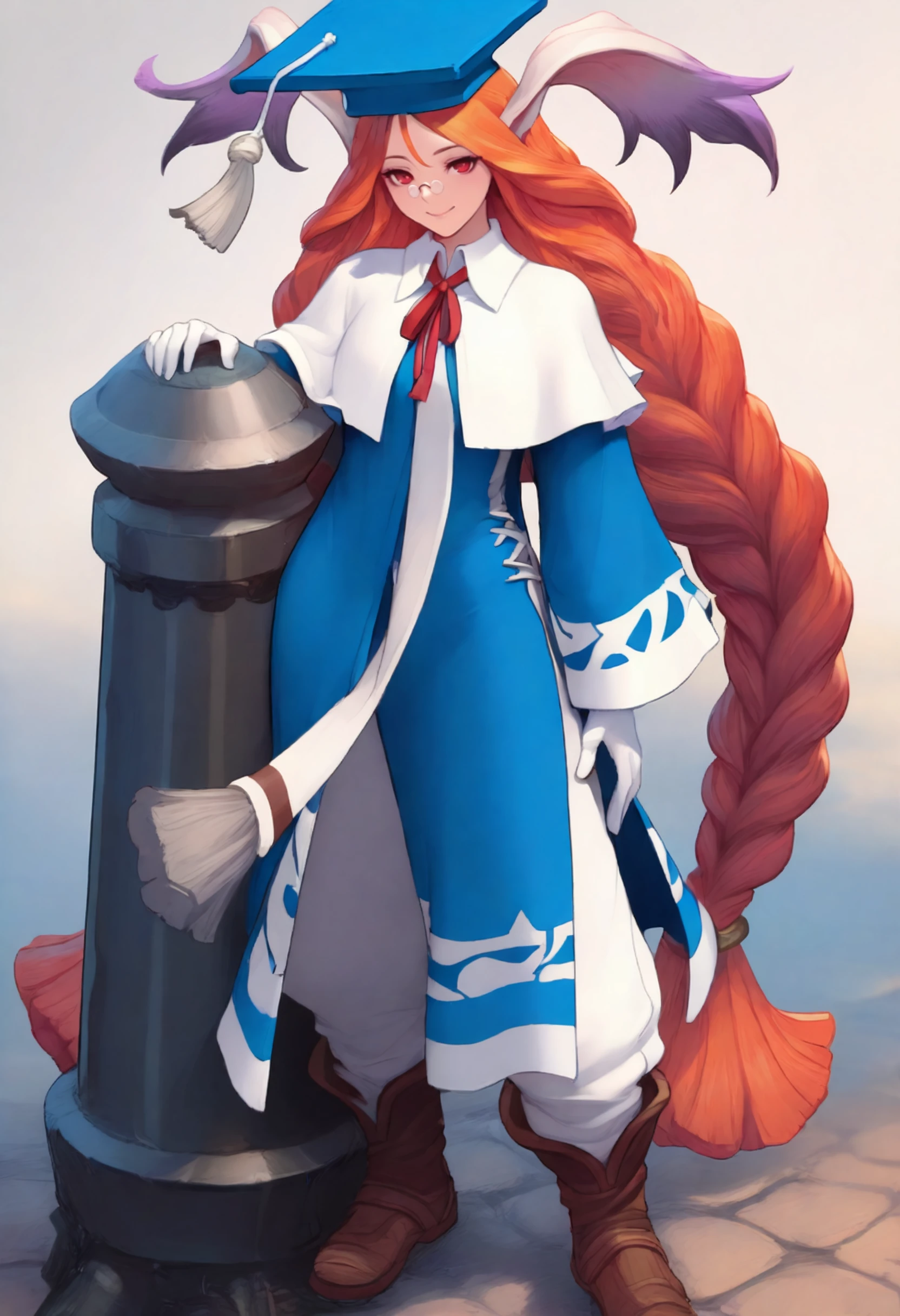 masterpiece, best quality, absurdres, 1girl,momon11,, red eyes, animal ears, orange hair, very long hair, braids, large hair, mortarboard,pince-nez,blue robes, white trim, white capelet, red ribbon, white pants, white gloves, brown boots, cannon,smile,planted weapon <lora:momo_n11:0.8> <lora:slau_n11:1>