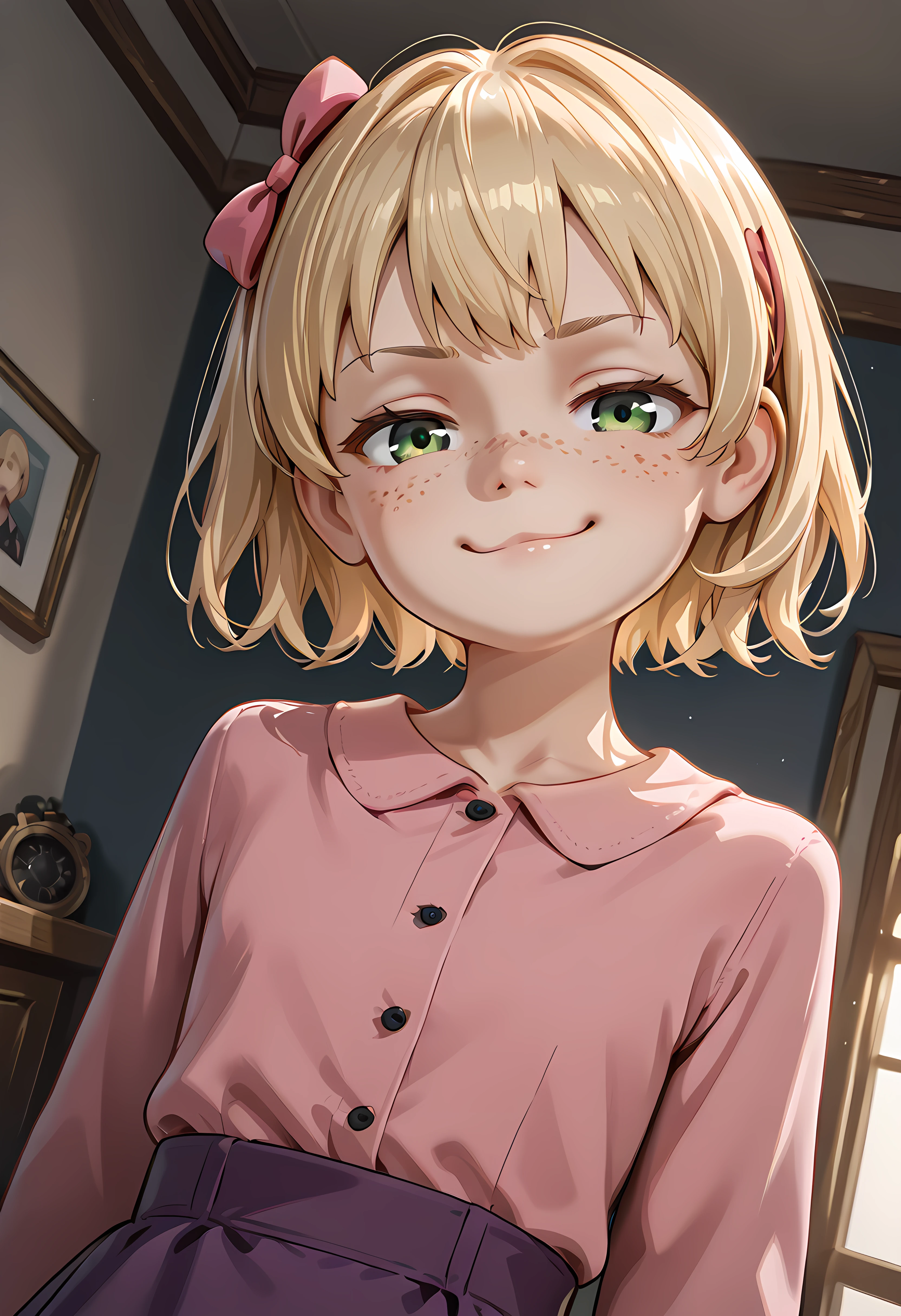score_9, score_8_up, score_7_up,1 girl ,pink shirt,purple skirt,,1girl, blonde hair, bow, hair bow,, (portrai shot, upper body),cinematic lighting, dark, high resolution, 2k resolution:1.0, detailed background, 1girl, girl, ,, (size differense:1.2), (portrai shot, upper body)1girl, solo, ribbon, blonde hair, freckles, , short hair, looking at viewer,casual clothes, (size differense:1.2), smug face, tall male, smile,
solo, dutch angle, looking at viewer, cowboy shot,, <lora:Elizabeth Afton_Illustrious:1>green eyes,