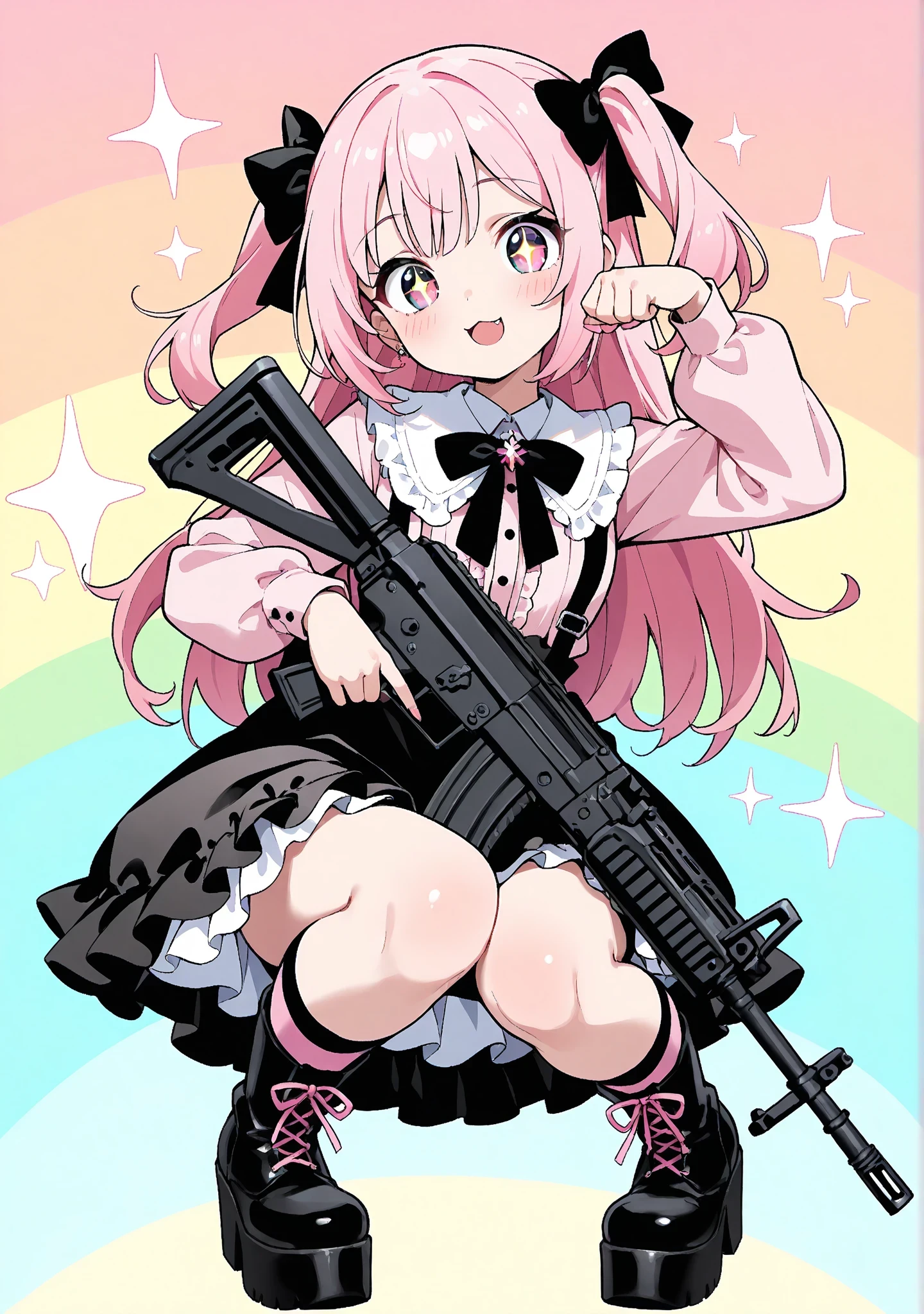 masterpiece,(bestquality),ultra-detailed,cute,(1girl),Jirai Kei fashion,detailed eyes,(bright pink hair),(large eyes:1.2),(cute pose:1.3),(Holding Howa Type 89 Assault Rifle:1.1),(focus on Howa Type 89 Assault Rifle:1.3),(Howa Type 89 Assault Rifle accurately and in detail depicted:1.4),pastel colors,(sparkling accessories),(frilly dress),(ribbon:1.1),(knee-high socks),(platform boots),playful expression,(colorful background:1.2),