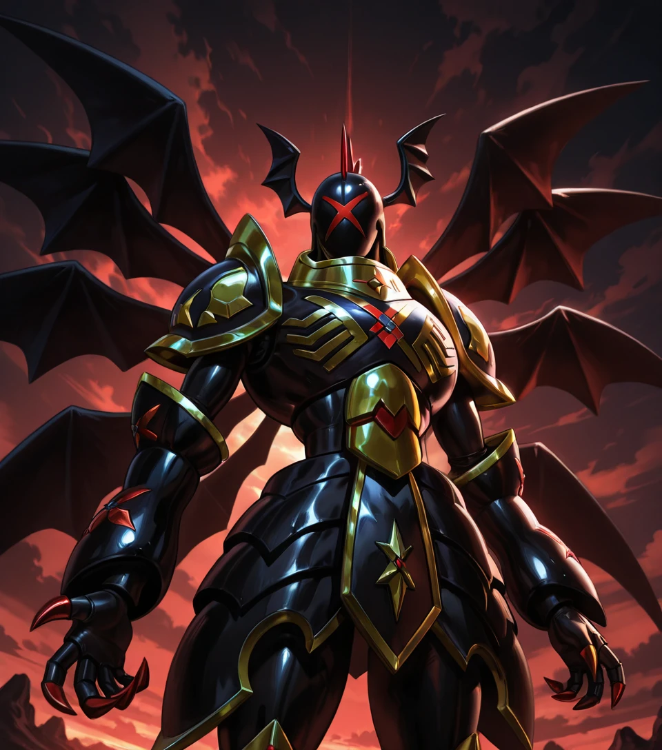 <lora:Shadowseraphimon_(Digimon)_(Illustrious)_(AD):1> Shadowseraphimon, Digimon, faceless, Blackseraphimon,
8K, In'ei, chiaroscuro, volumetric lighting, photographic realism, 8K CGI render,
((5 pairs of wings, solo, clouds, asymmetric dynamic perspective action, dark anime clouds, Satanic landscape, dutch angle, evil, villain, soft detailed anime background, cowboy shot, deep metallic colors, shoulder focus, eyeless, noface, black armor with red and yellow details, black plumed red helmet with black X, )),